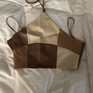 Colorblock Faux Leather Crop Halter Top - Brown/Cream